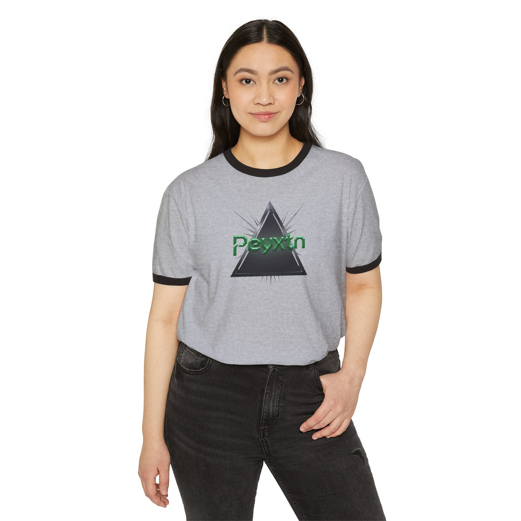 Ringer T-Shirt — Black Triangle Graphic with "Peyxtn" Green Text