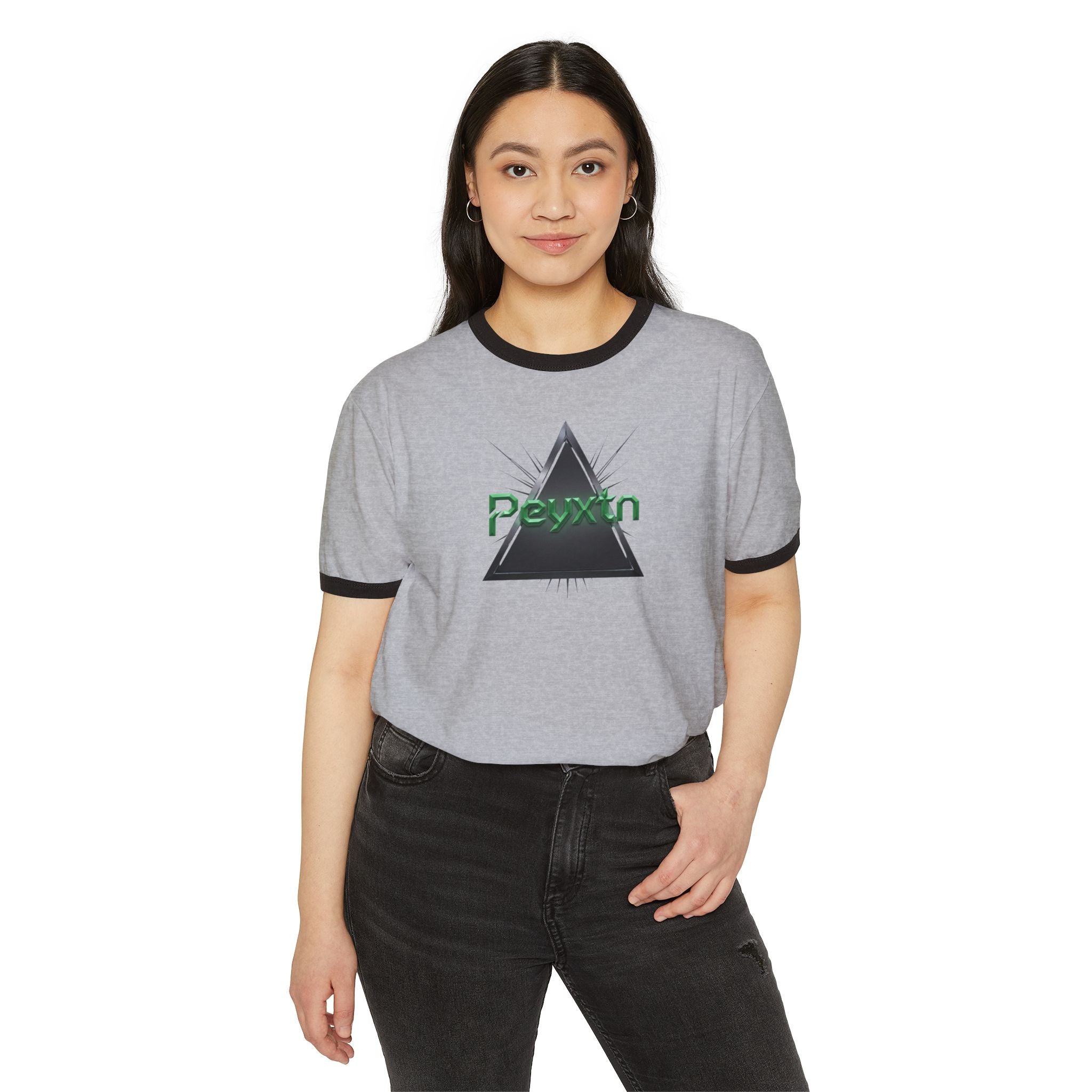 Ringer T-Shirt — Black Triangle Graphic with "Peyxtn" Green Text