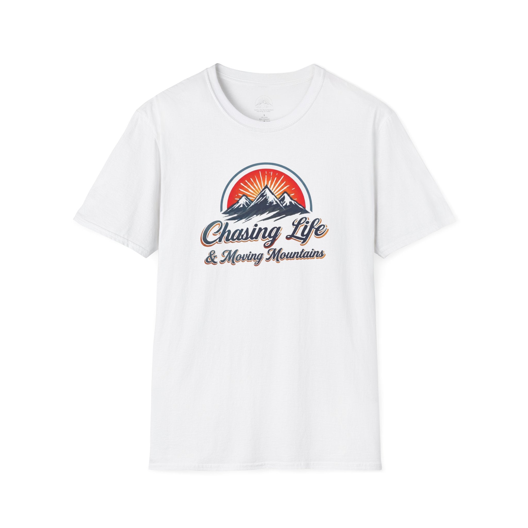 Chasing Life & Moving Mountains T-Shirt — Retro Mountain Adventure Tee