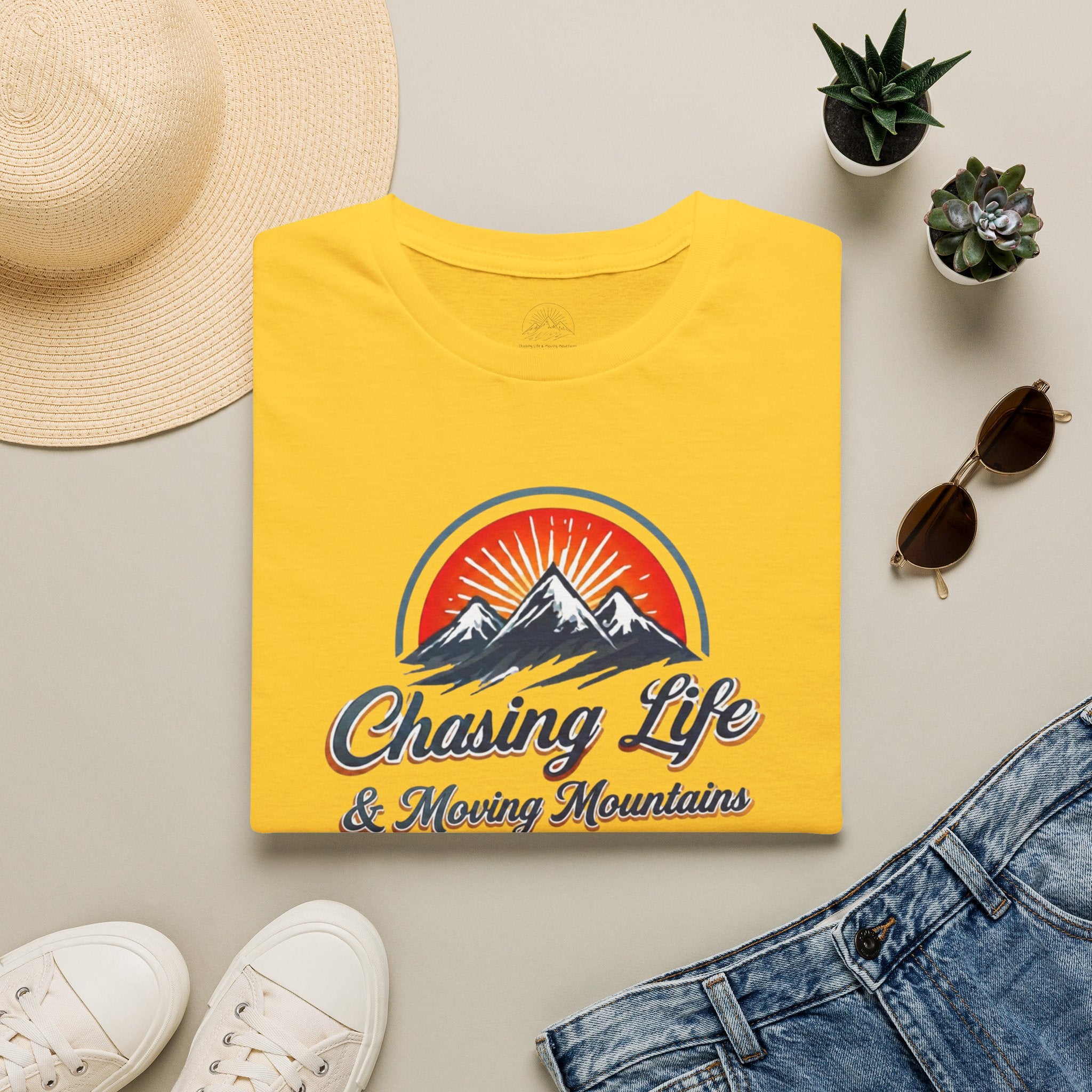 Chasing Life & Moving Mountains T-Shirt — Retro Mountain Adventure Tee