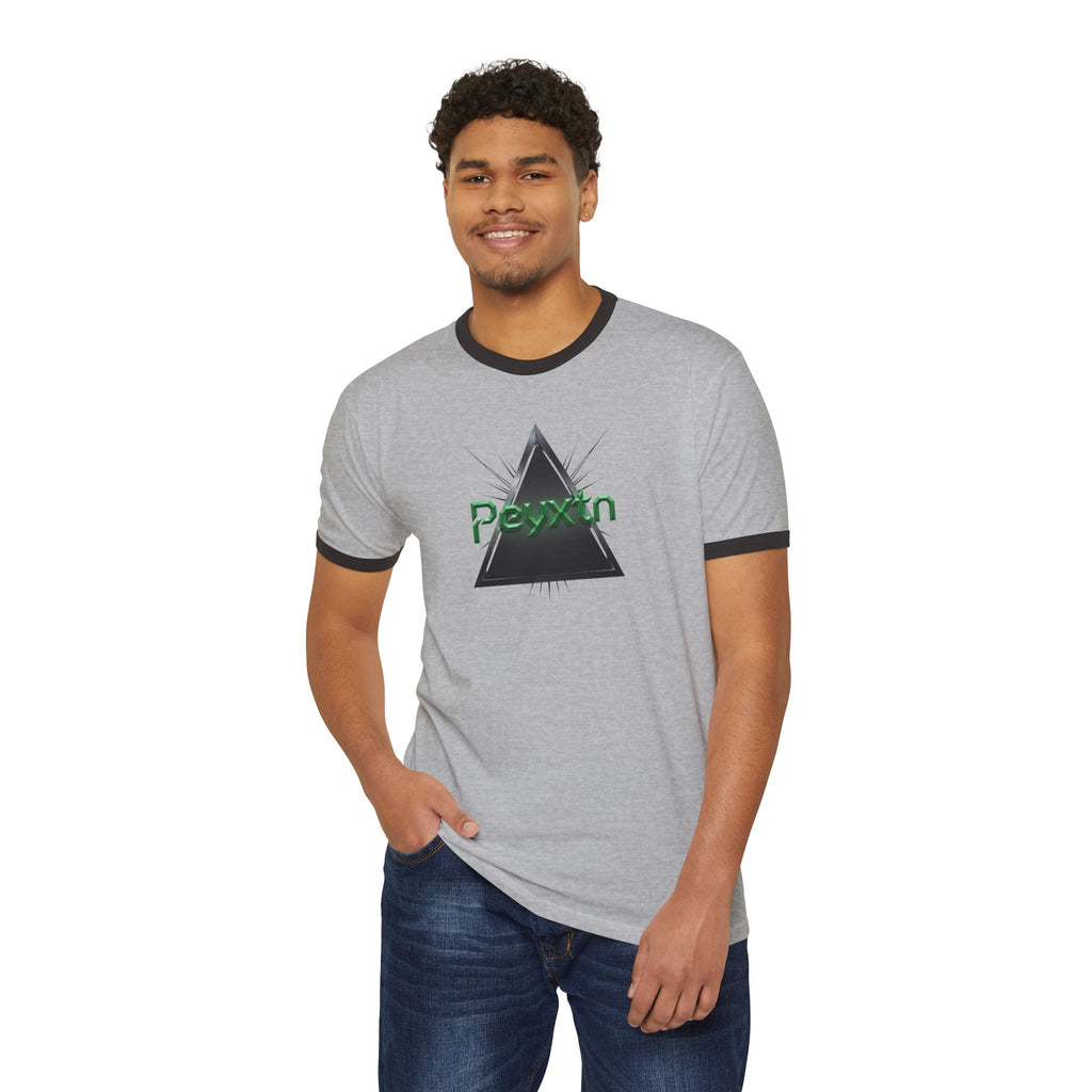 Ringer T-Shirt — Black Triangle Graphic with "Peyxtn" Green Text
