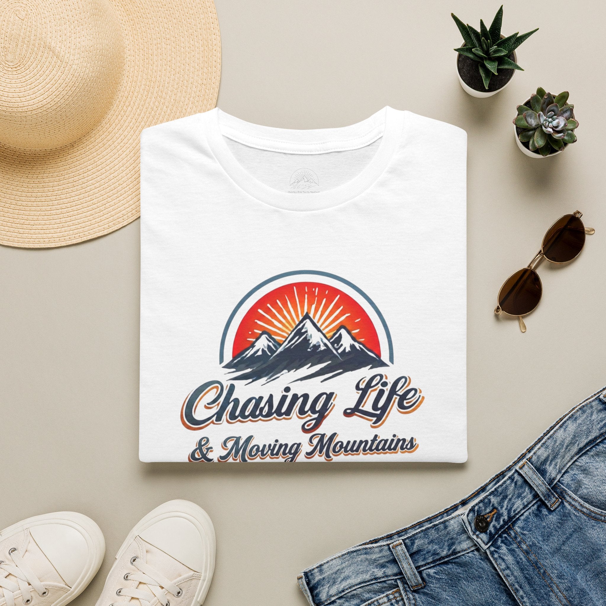 Chasing Life & Moving Mountains T-Shirt — Retro Mountain Adventure Tee