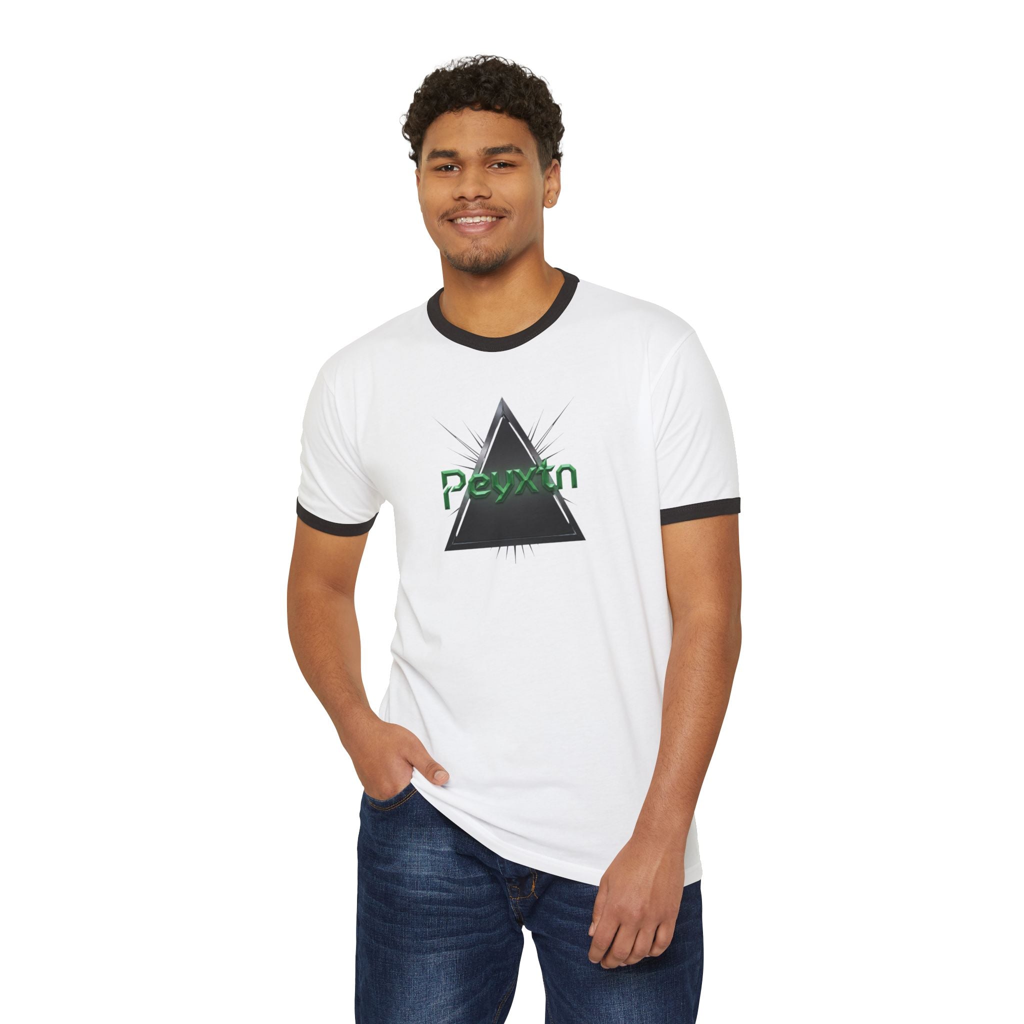 Ringer T-Shirt — Black Triangle Graphic with "Peyxtn" Green Text