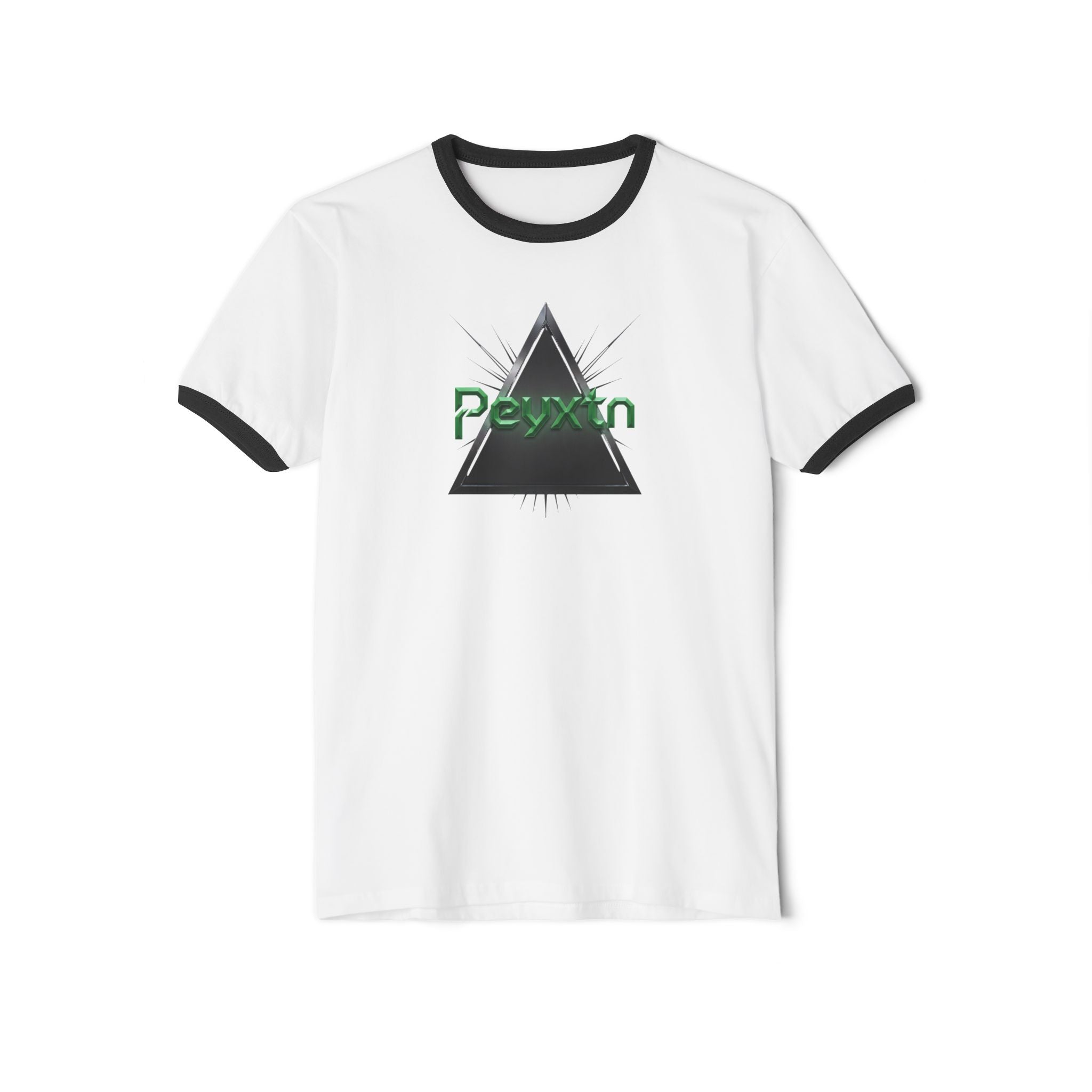 Ringer T-Shirt — Black Triangle Graphic with "Peyxtn" Green Text