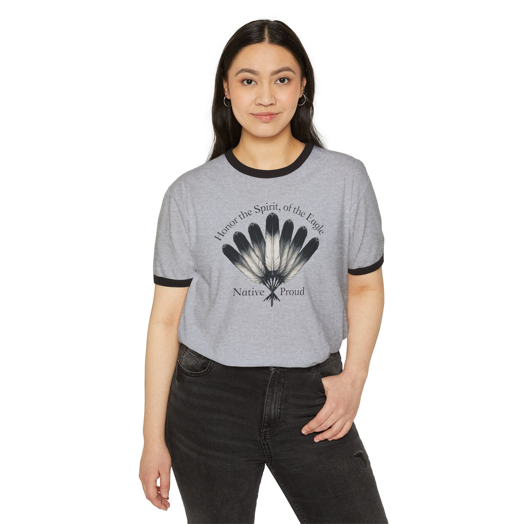 Native Proud Ringer Tee — "I honor the Spirit of the Eagle" Feather Design