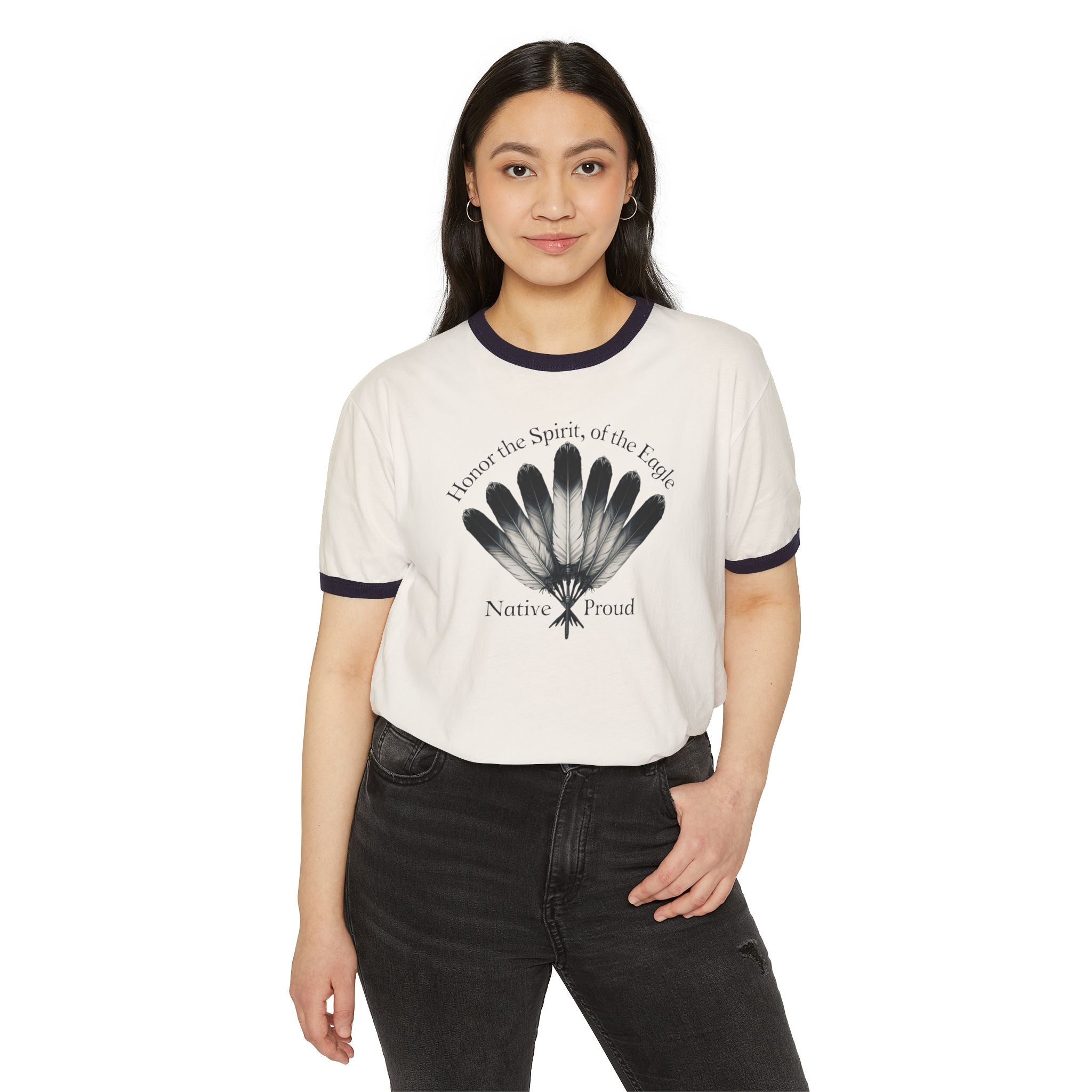 Native Proud Ringer Tee — "I honor the Spirit of the Eagle" Feather Design