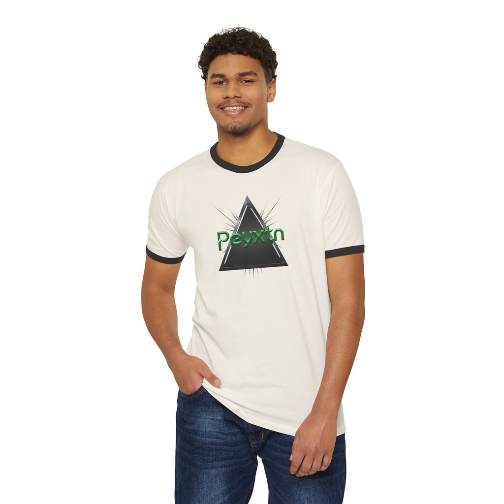 Ringer T-Shirt — Black Triangle Graphic with "Peyxtn" Green Text