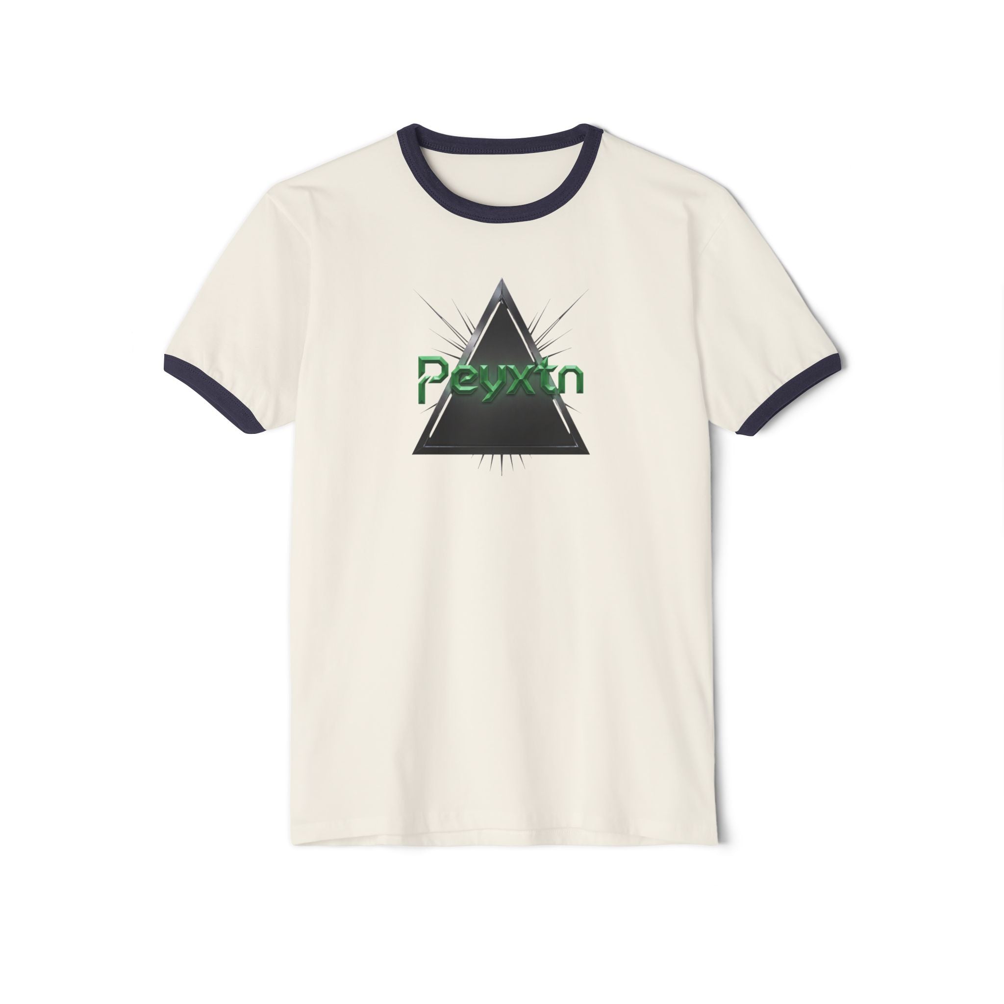 Ringer T-Shirt — Black Triangle Graphic with "Peyxtn" Green Text