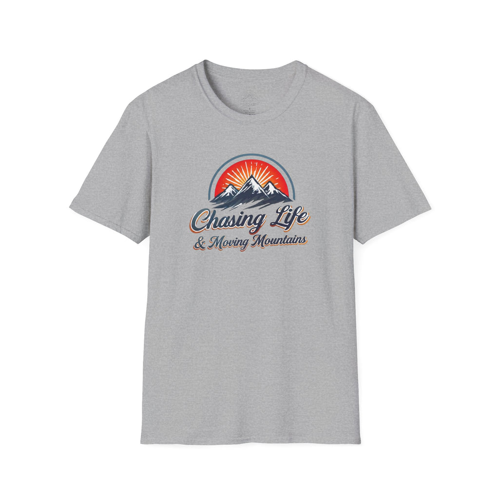 Chasing Life & Moving Mountains T-Shirt — Retro Mountain Adventure Tee