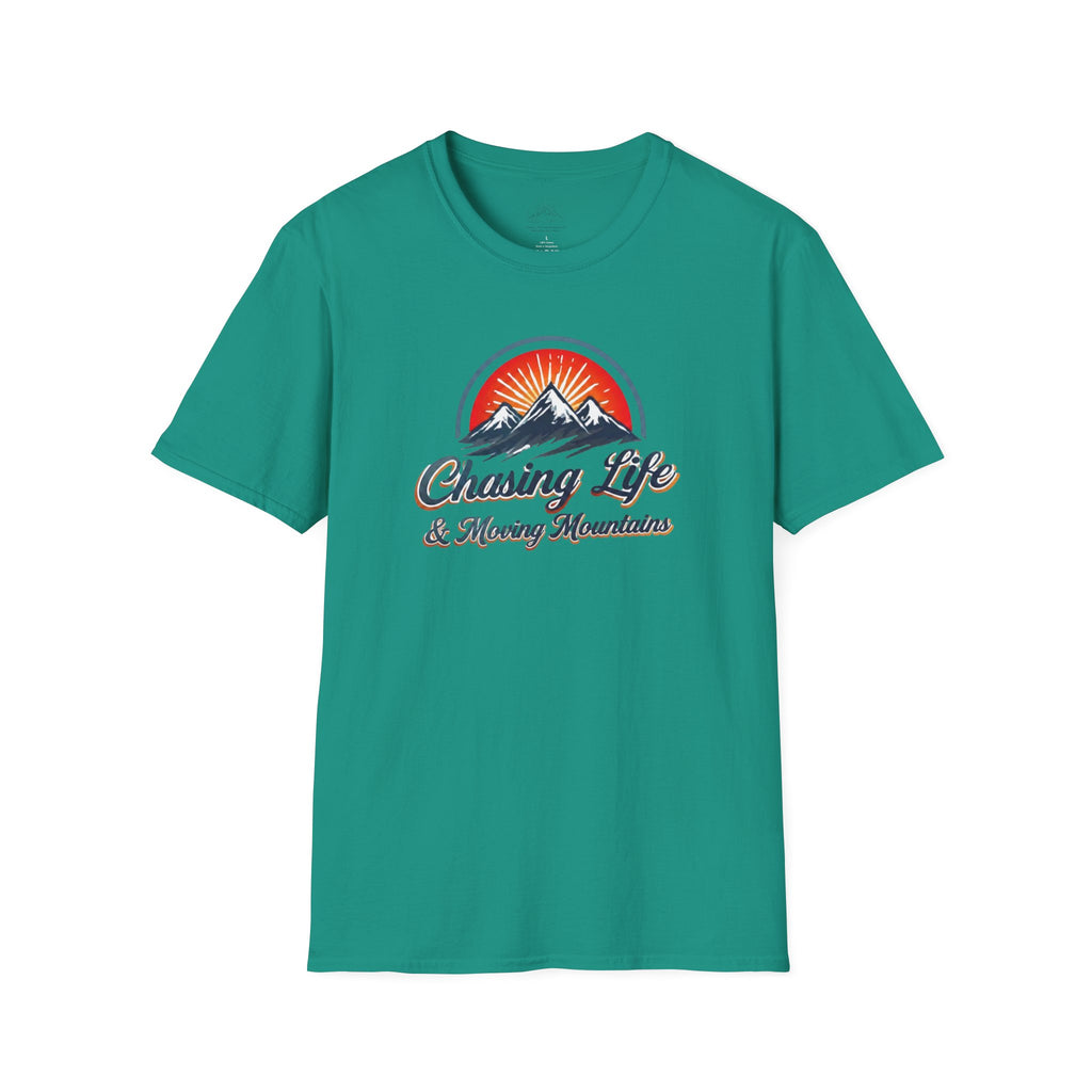 Chasing Life & Moving Mountains T-Shirt — Retro Mountain Adventure Tee