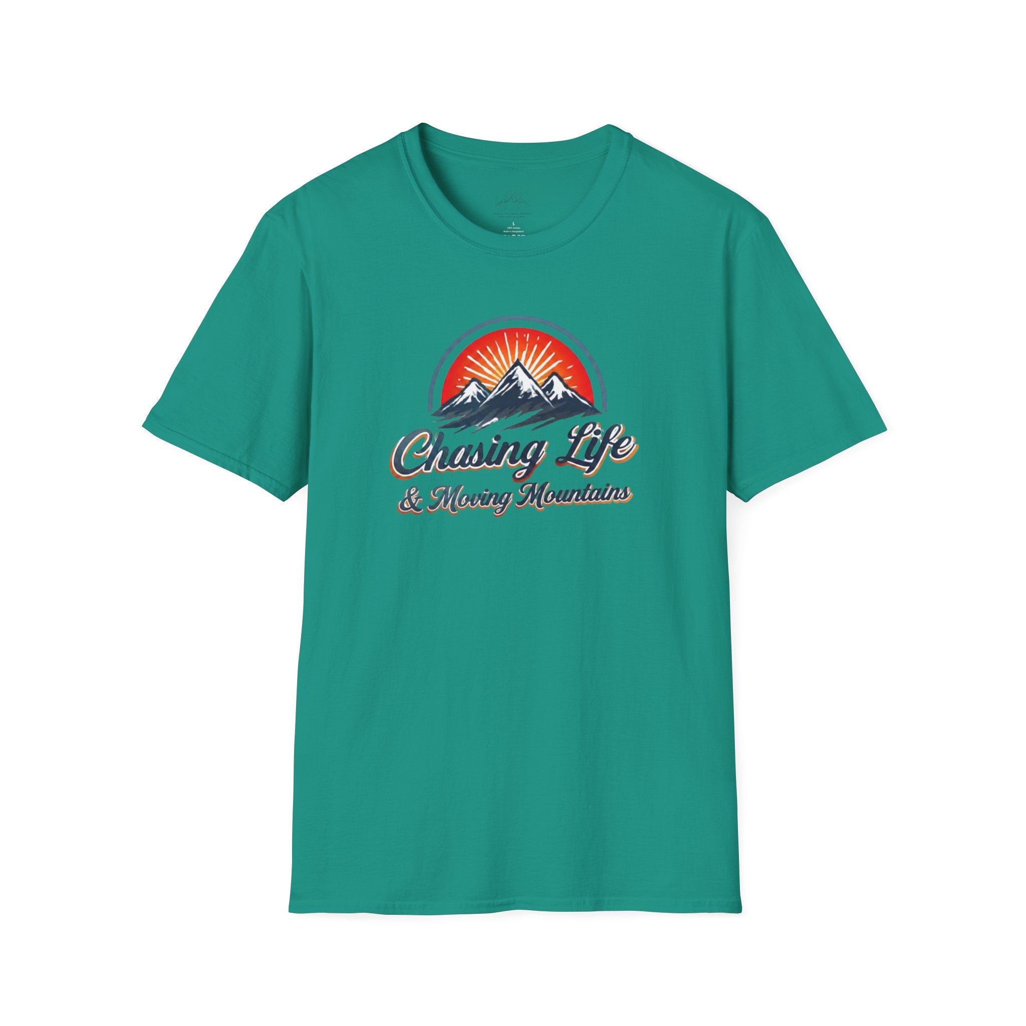 Chasing Life & Moving Mountains T-Shirt — Retro Mountain Adventure Tee