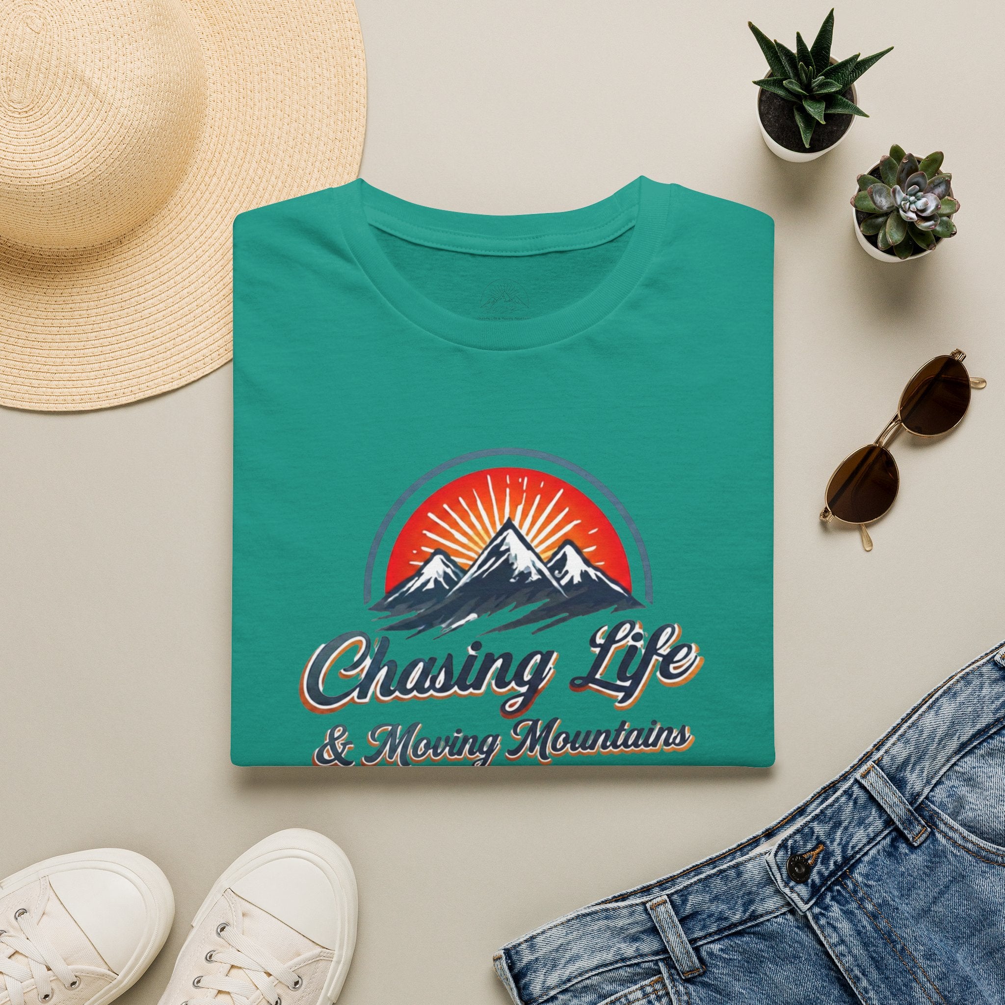Chasing Life & Moving Mountains T-Shirt — Retro Mountain Adventure Tee