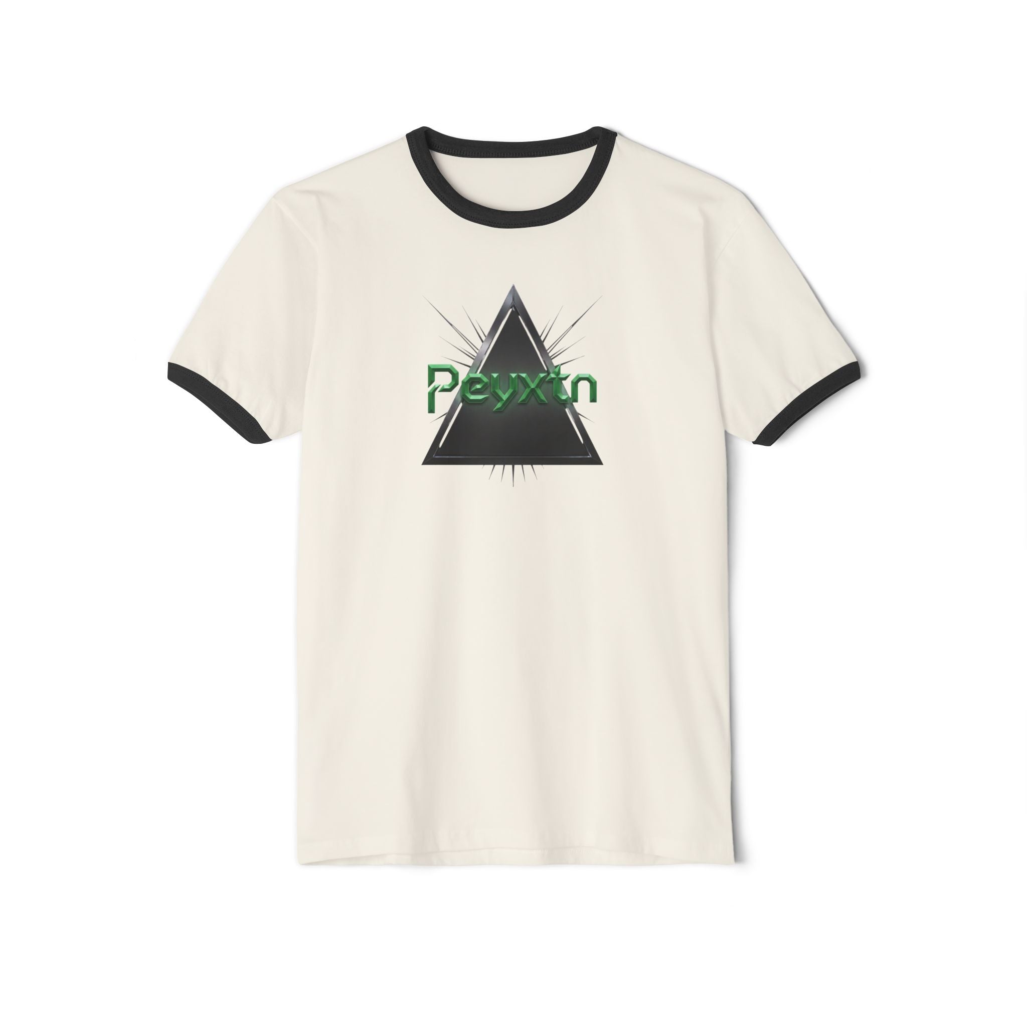 Ringer T-Shirt — Black Triangle Graphic with "Peyxtn" Green Text