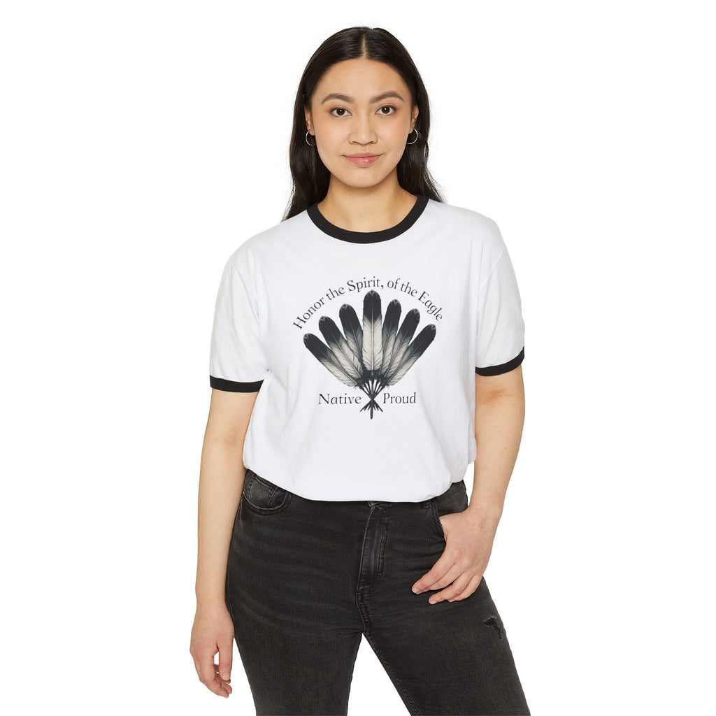 Native Proud Ringer Tee — "I honor the Spirit of the Eagle" Feather Design